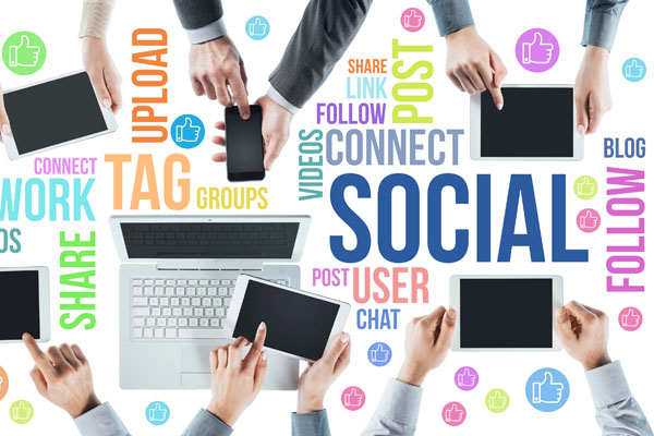 Social network user community concept, business people hands using tablet, computers, smart phones and social networking concepts